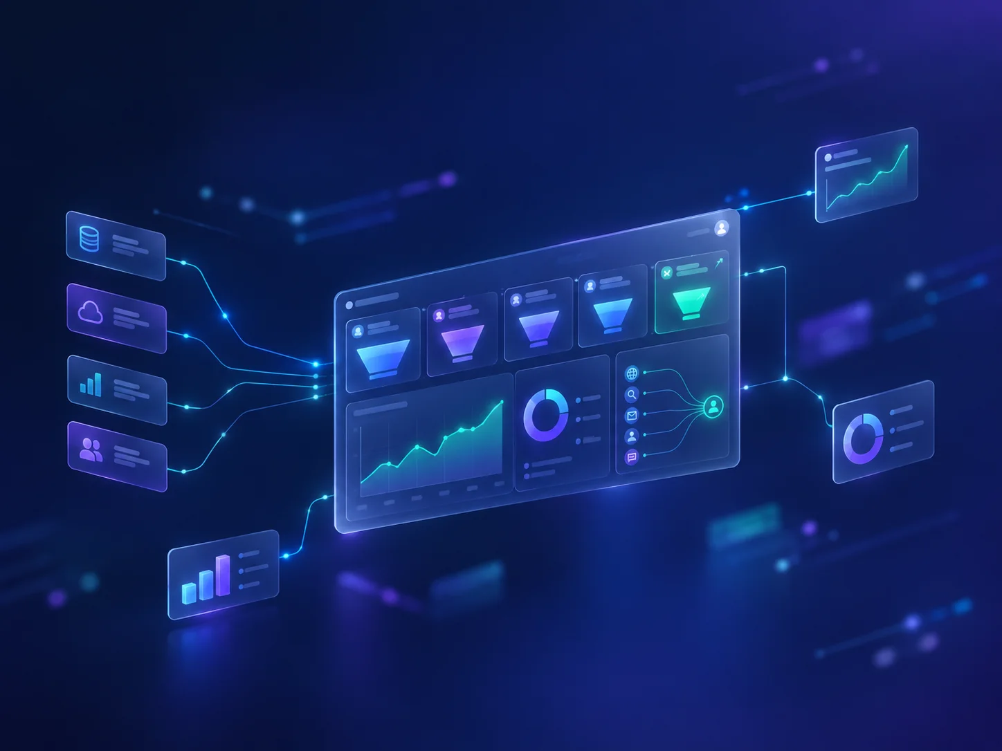 Panel ejecutivo de analítica con embudo de métricas, gráfico de tendencia y atribución de fuentes