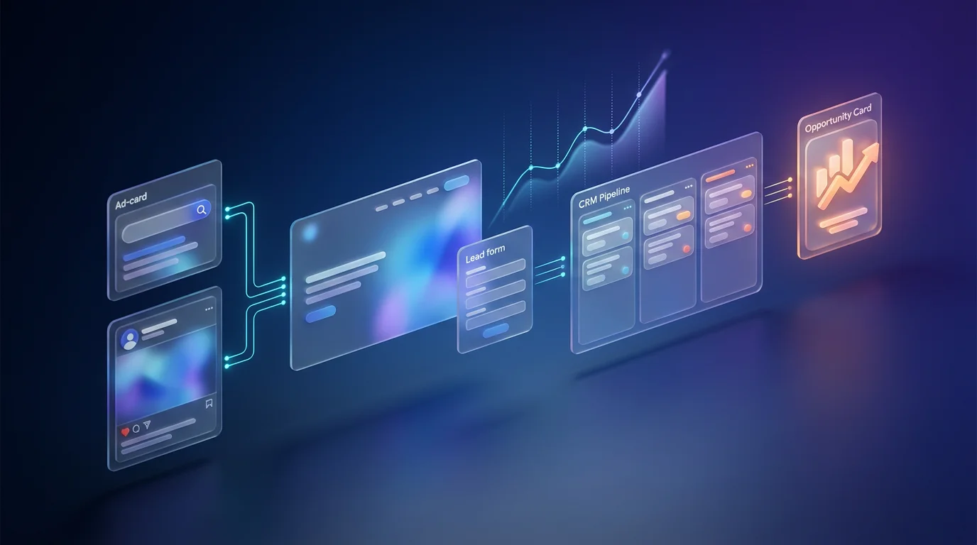 Embudo de adquisición digital: anuncios, landing page, formulario de lead, CRM y oportunidad comercial